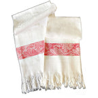Pristine white French linen with a foliate design woven in. Such a charming set of hand towels, the red borders have French Country scroll designs.