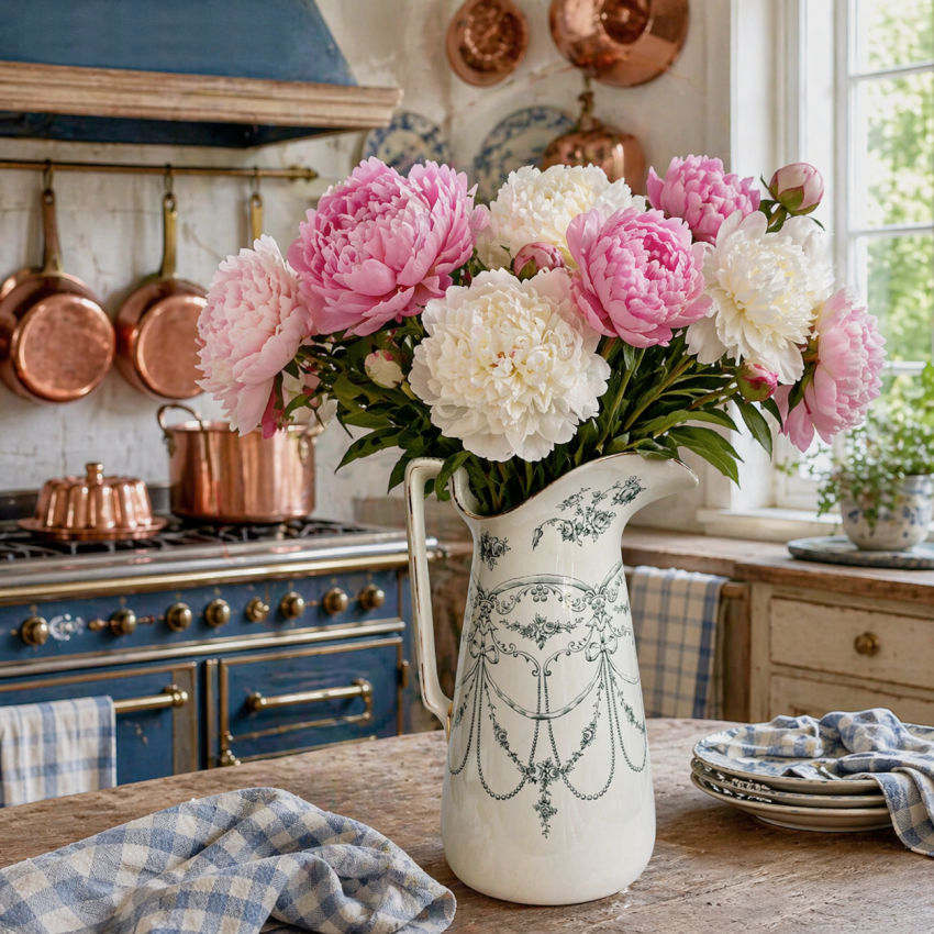 Antique Empire Rose Staffordshire Ironstone Pitcher in Teal Green in French Country Kitchen with peonies
