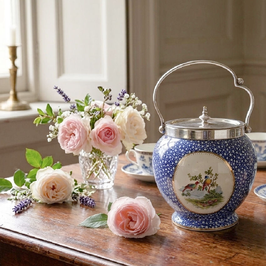 blue and white antique biscuit barrel styled on english tea table