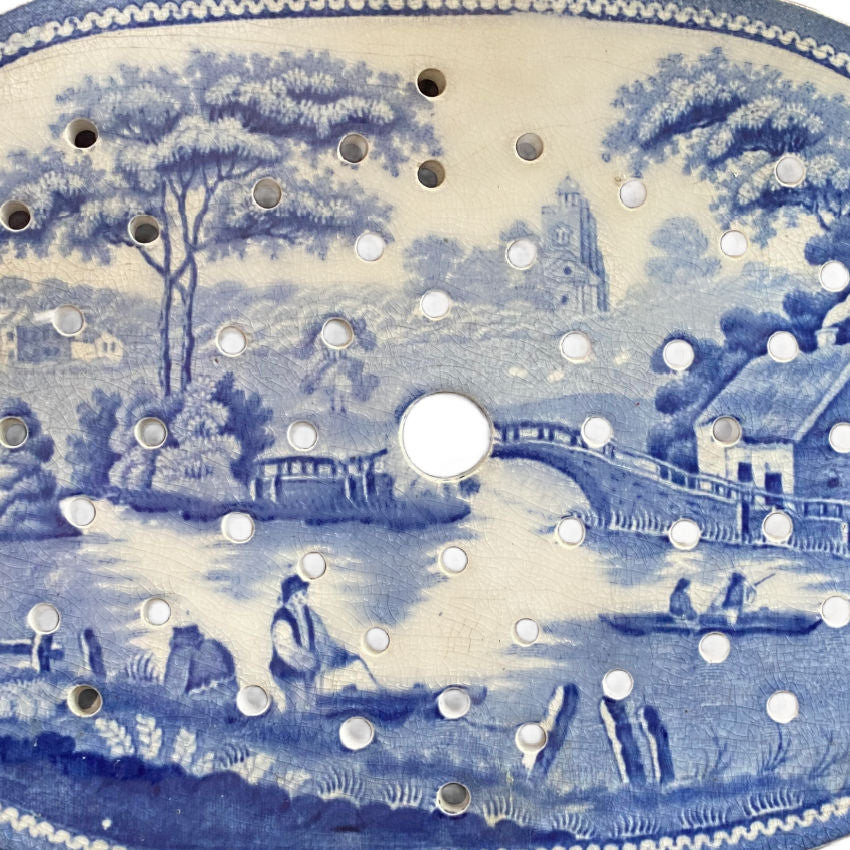 Antique English blue and white ironstone meat drainer, Nuneham Courtenay, c.1830, front view