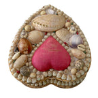 Pink silk heart pincushion on antique English shellwork box