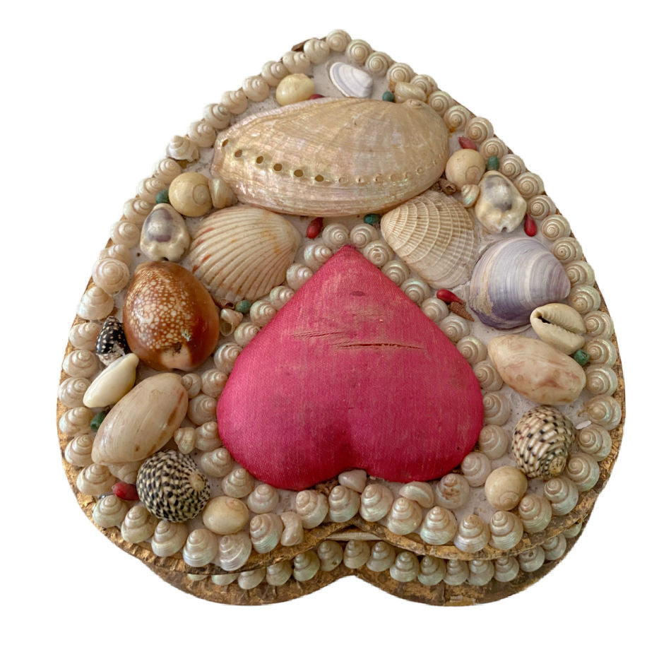 Pink silk heart pincushion on antique English shellwork box