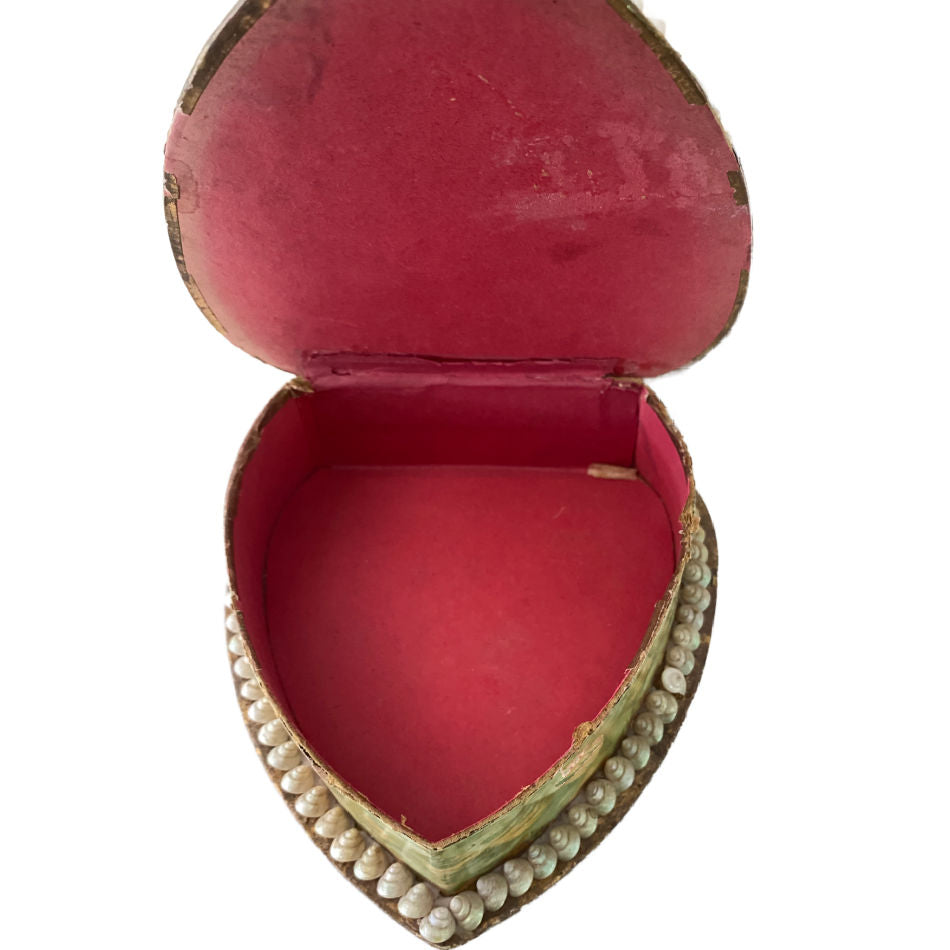 Antique English shellwork heart box with pink paper interior