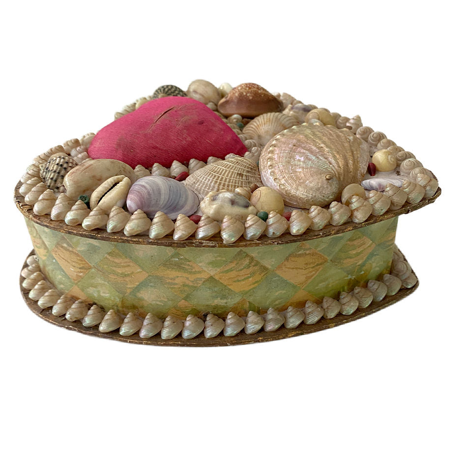Close-up of side on antique English shellwork heart box