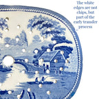 early 19th century english blue white ceramic meat drainer with patina, transfer miss iin white
