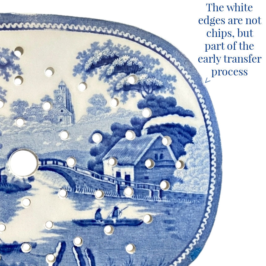 early 19th century english blue white ceramic meat drainer with patina, transfer miss iin white