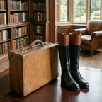 Heritage luxury travel suitcase styled interior décor piece styled in a library with antique boots