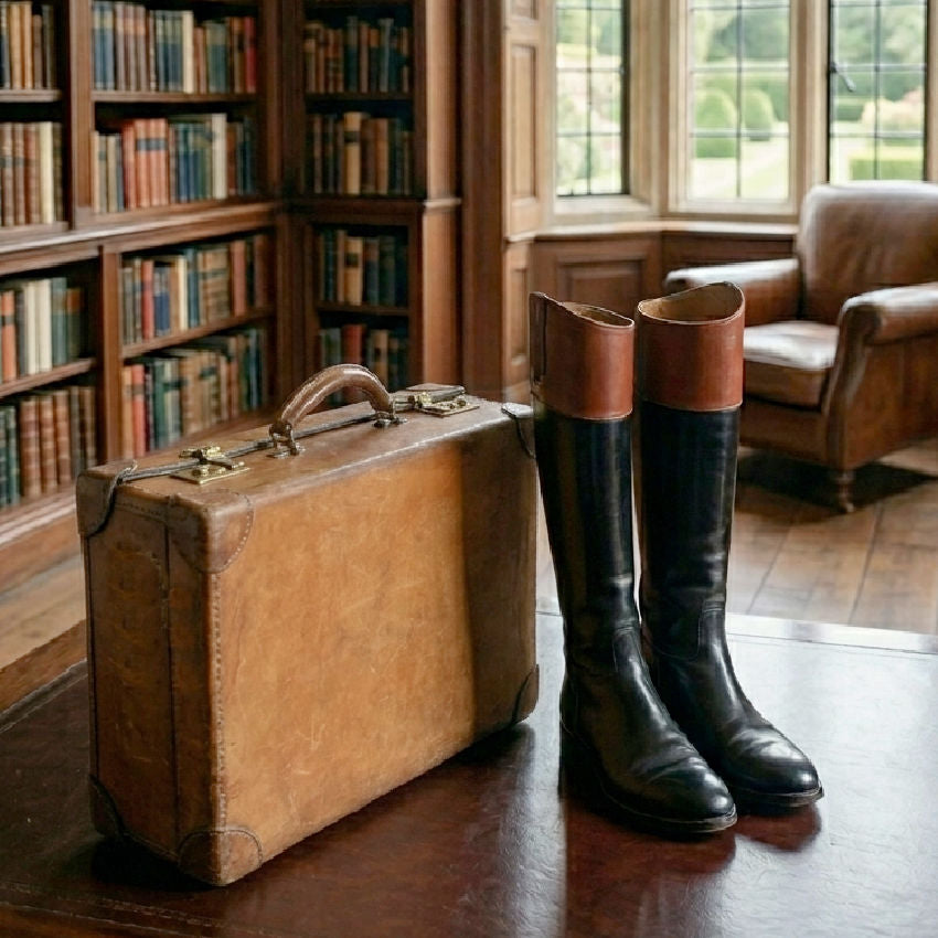 Heritage luxury travel suitcase styled interior décor piece styled in a library with antique boots