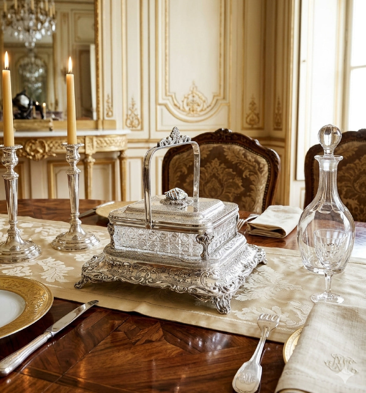 Antique English Mappin &amp; Webb sardine server silver plate with cut crystal liner styled on French château dining table elegant tablescape