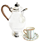 Antique English silver plate chocolate pot with small porcelain cup of hot chocolate elegant Edwardian chocolate service display