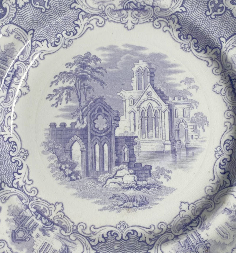 Antique English Staffordshire Mulberry Lavender Blue Plate Abbey