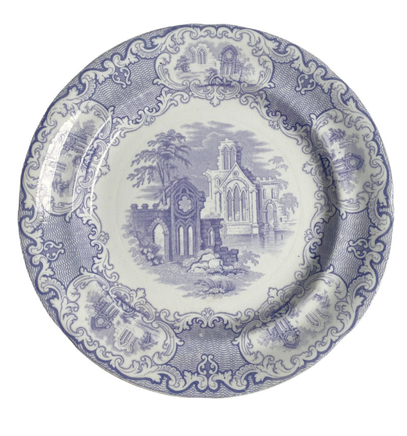 Antique English Staffordshire Mulberry Lavender Blue Plate Abbey