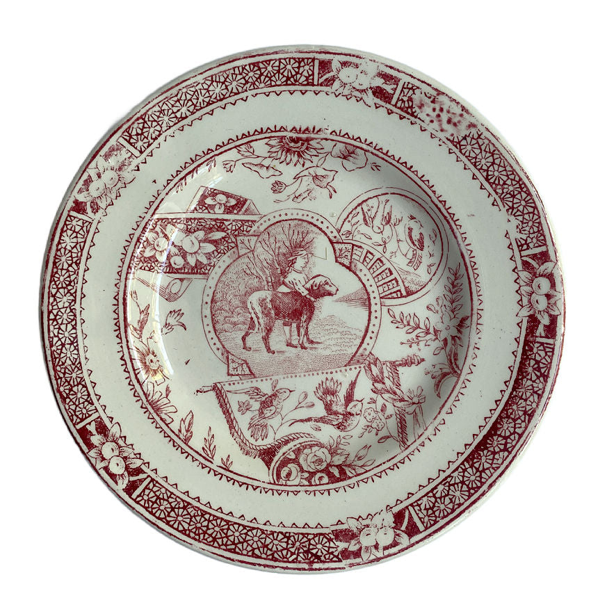 Charles Allerton & Sons, Staffordshire pottery, Little Mae, English tea set, vintage tea service, red tea set, collectible porcelain, teapot, sugar bowl, creamer, tea cups, saucers, plates, early 20th century, whimsical porcelain, rare, heirloom, display worthy,