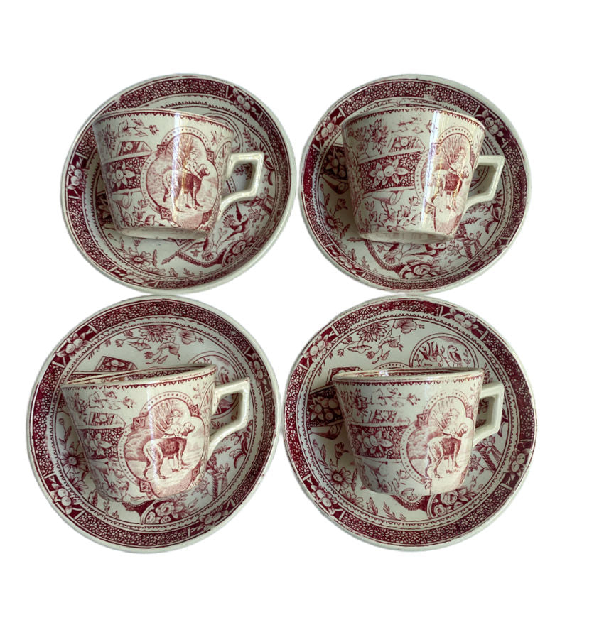 Complete Charles Allerton “Little Mae” Staffordshire tea set in red with teapot, sugar, creamer, plates, cups and saucers. Rare English collectible.