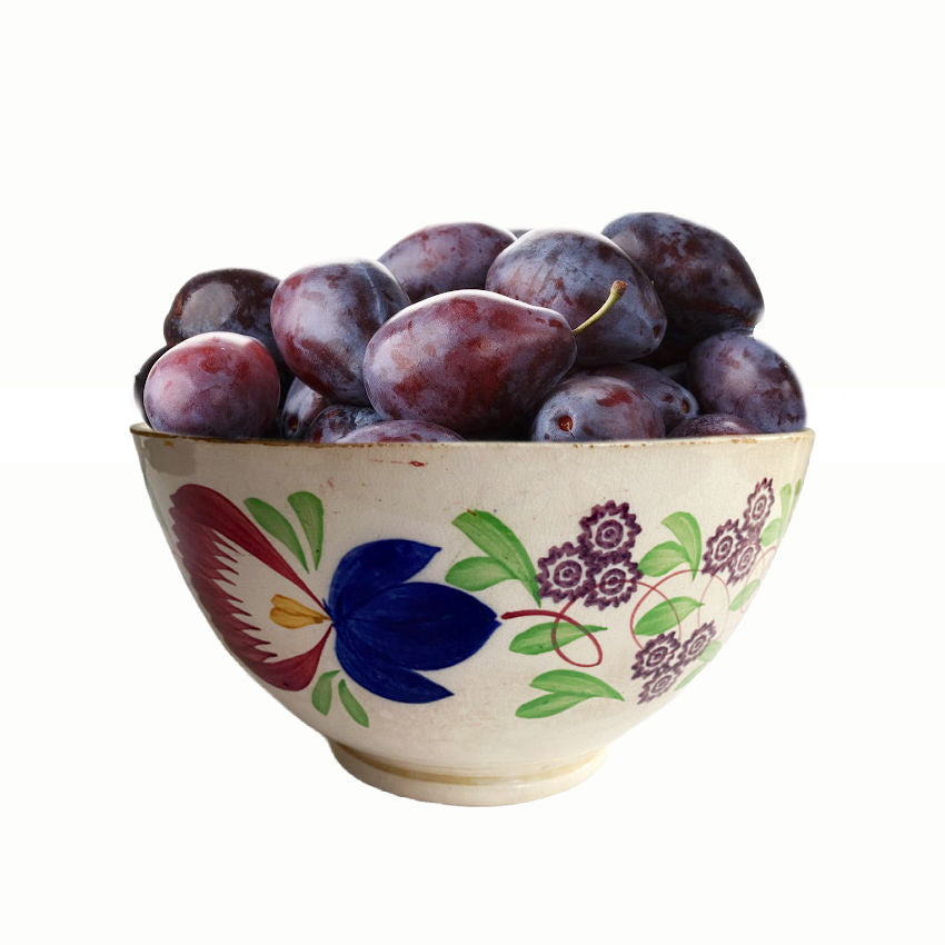 Antique Staffordshire flower stick spatter bowl with plums