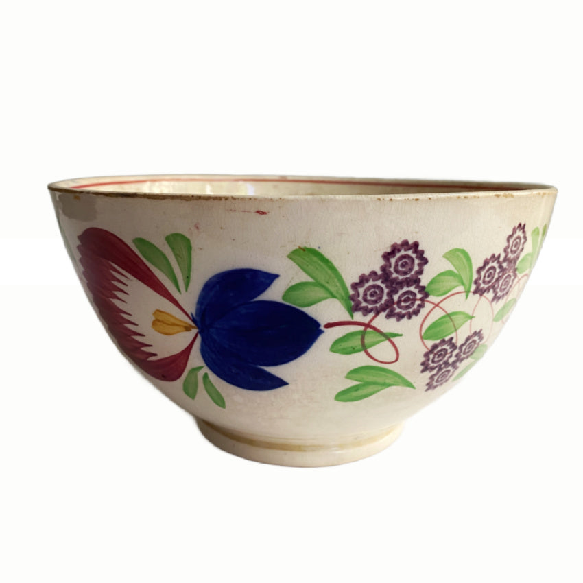 Antique Staffordshire flower stick spatter bowl with plums