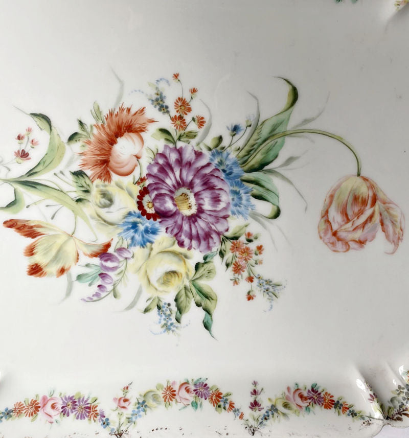 Huge Antique French Hand Painted Limoges Tray with Floral Bouquet