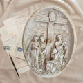 Antique French 1850 plaster bas relief religious plaque Pie Donne at the Cross on cream silk velvet with French letters