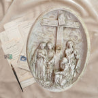 Antique French 1850 plaster bas relief religious plaque Pie Donne at the Cross on cream silk velvet with French letters