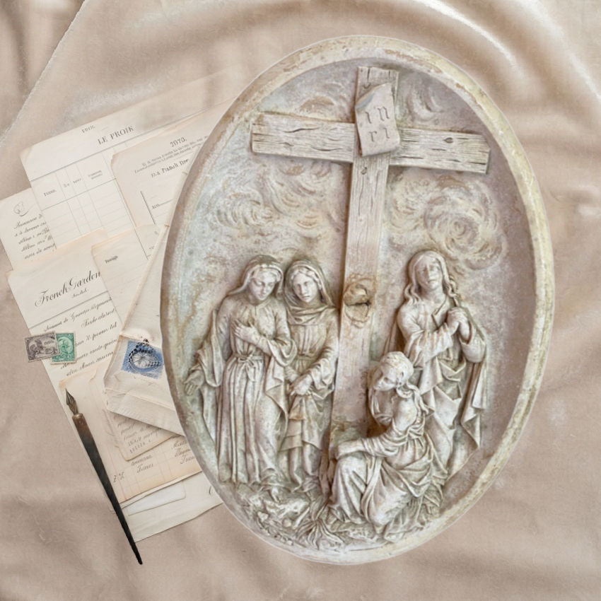 Antique French 1850 plaster bas relief religious plaque Pie Donne at the Cross on cream silk velvet with French letters