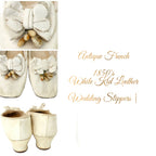 Rare circa 1850 Antique French white kid leather wedding shoes adorned with delicate wax flowers. Exquisite mid-19th century bridal footwear.