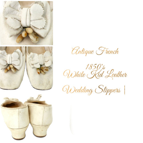 Rare circa 1850 Antique French white kid leather wedding shoes adorned with delicate wax flowers. Exquisite mid-19th century bridal footwear.