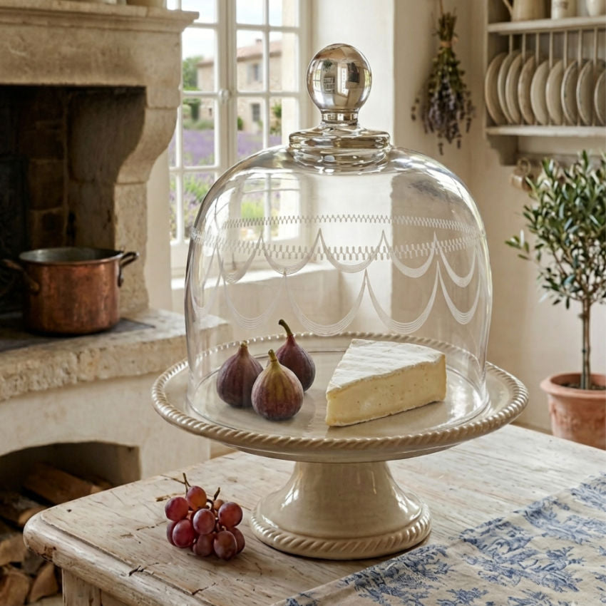 Antique French 19th century hand-blown glass cloche with engraved scalloped decorative band