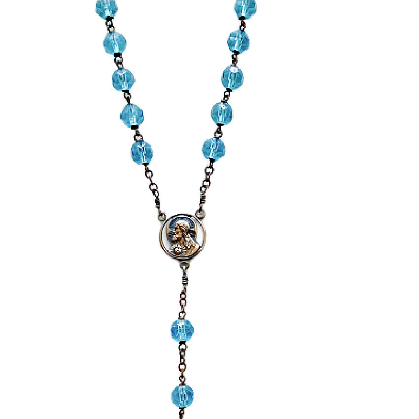 Close up antique glass rosary beads luminous aqua French flea market find