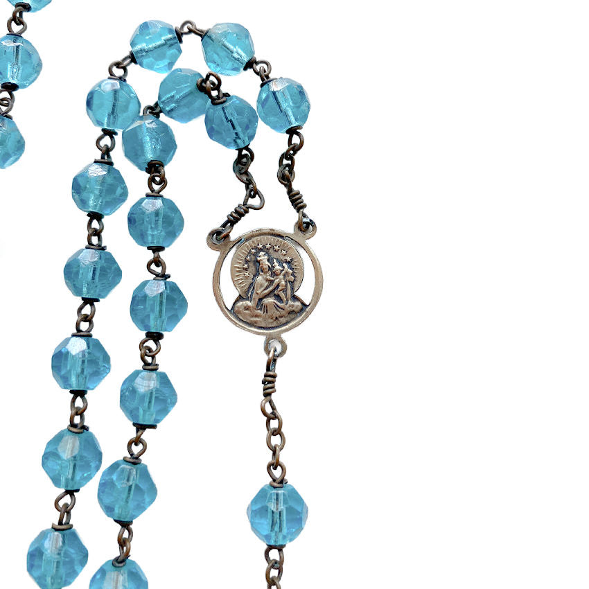 Rare French glass rosary antique silver-tone cross decorative devotional heirloom