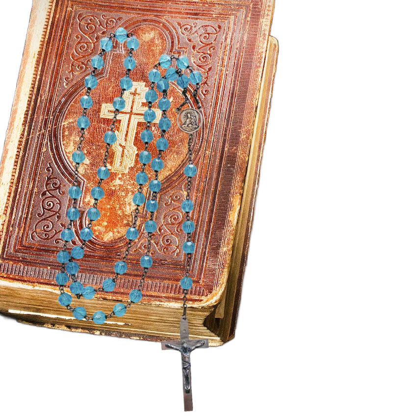 Antique French prayer beads aquamarine glass silver cross collectible on antique French prayer missal