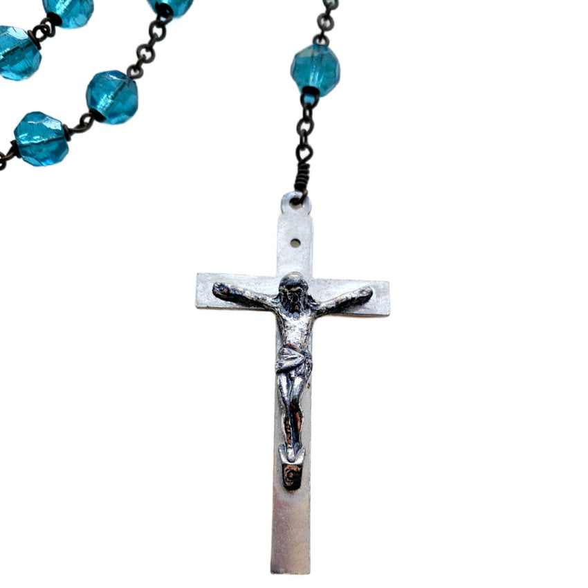 French antique rosary draped display silver cross decorative collectible