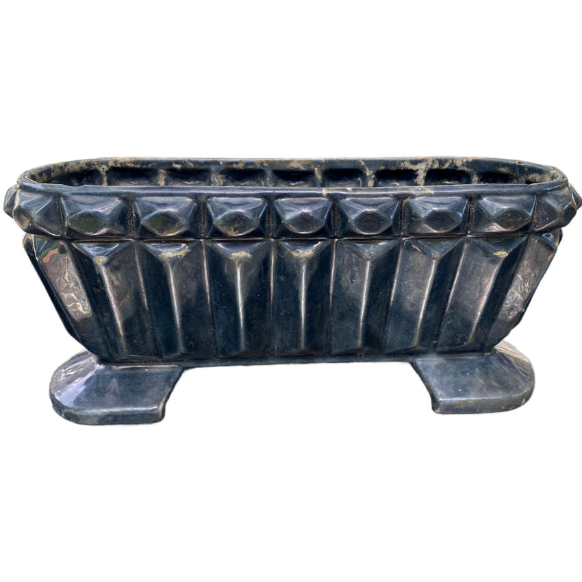 Antique French Art Deco Enameled Jardinière, Cast Iron Planter, Ink Blue grey color enamel with grey tones
