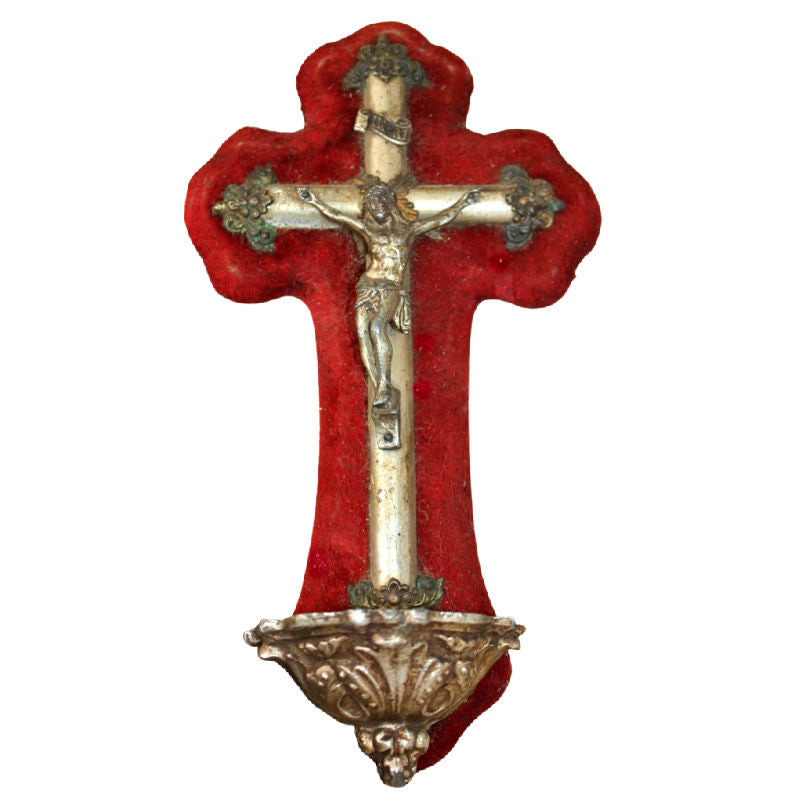 Antique French bénitier holy water font with crucifix in silver plate and red velvet, Napoleon III home chapel devotional shrine