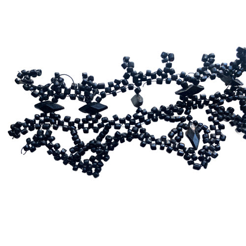 Antique French black glass beaded trim on wire, intricate jet-style lattice passementerie from the 19th century, ideal for couture, display, or textile art collections.