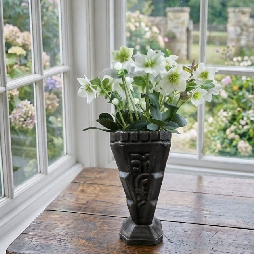 Antique French Cast Iron Art Deco Floral Urn Black