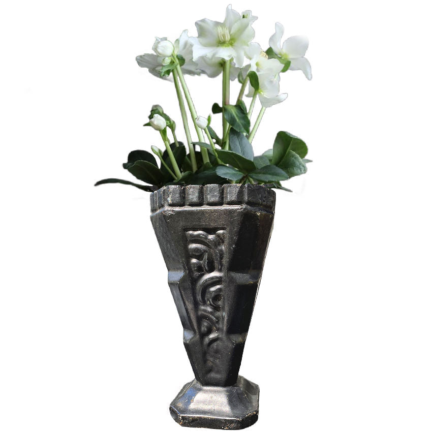 Antique French Art Deco cast iron floral urn with black enamel patina with white helleborous plant with flowers