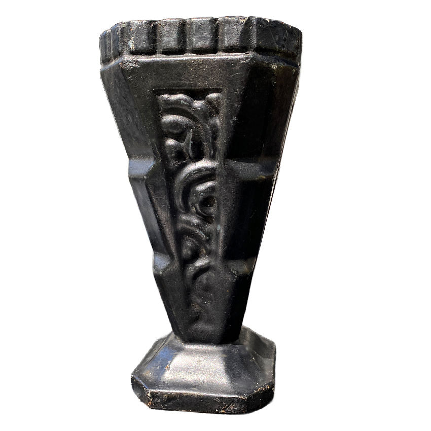 Antique French Art Deco cast iron floral urn with black enamel patina with white helleborous plant with flowers