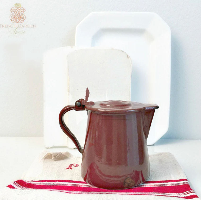 Antique French Country Brown Enamelware Pitcher Medium