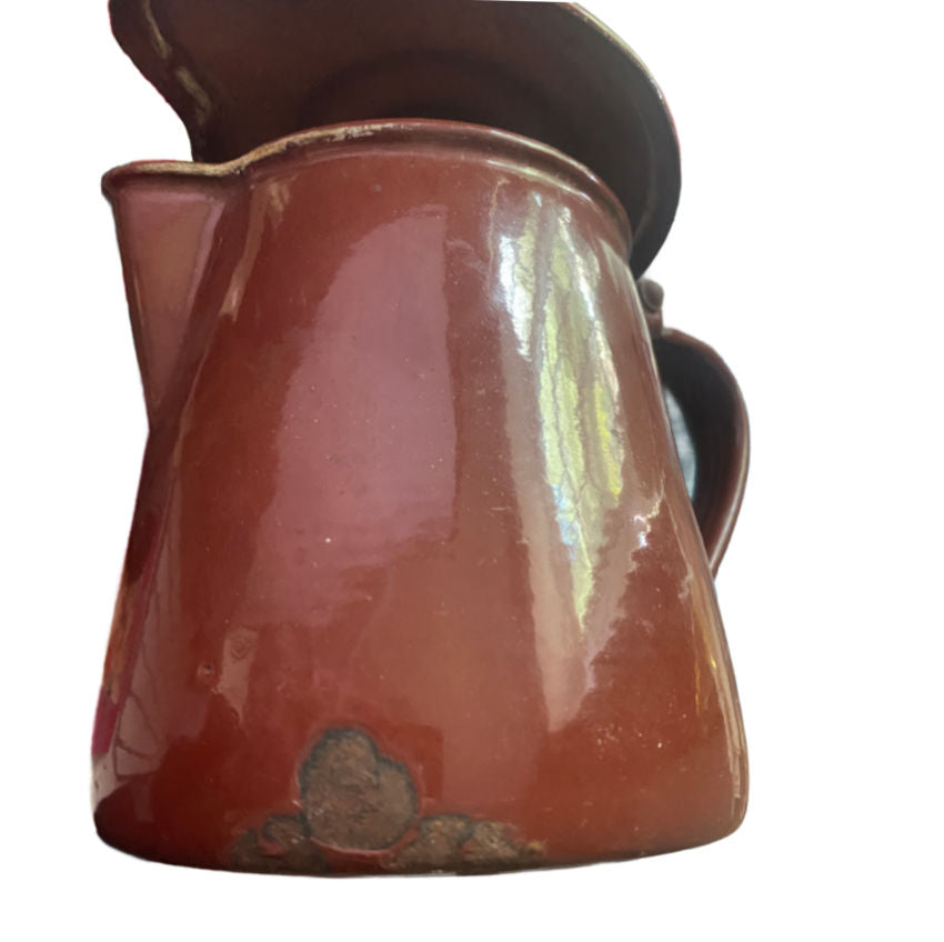 Antique French Country Brown Enamelware Pitcher Medium