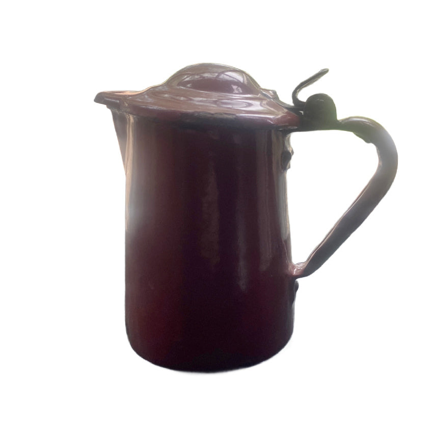 Antique French Country Brown Enamelware Pitcher with Lid