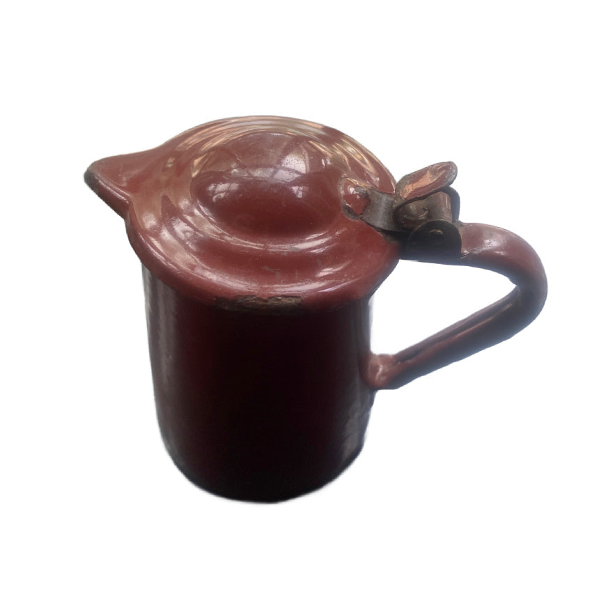 brown French enamel pitcher with lid in miniature size