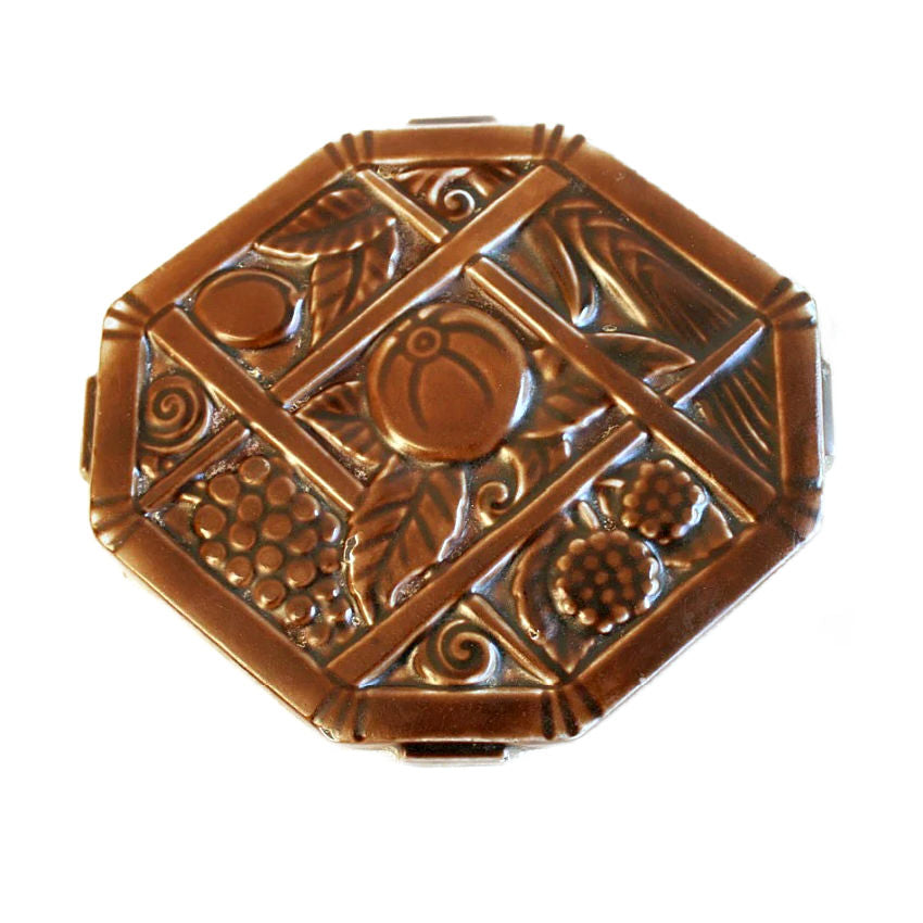 antique French enameled Trivet in rich brown with art deco fruit design