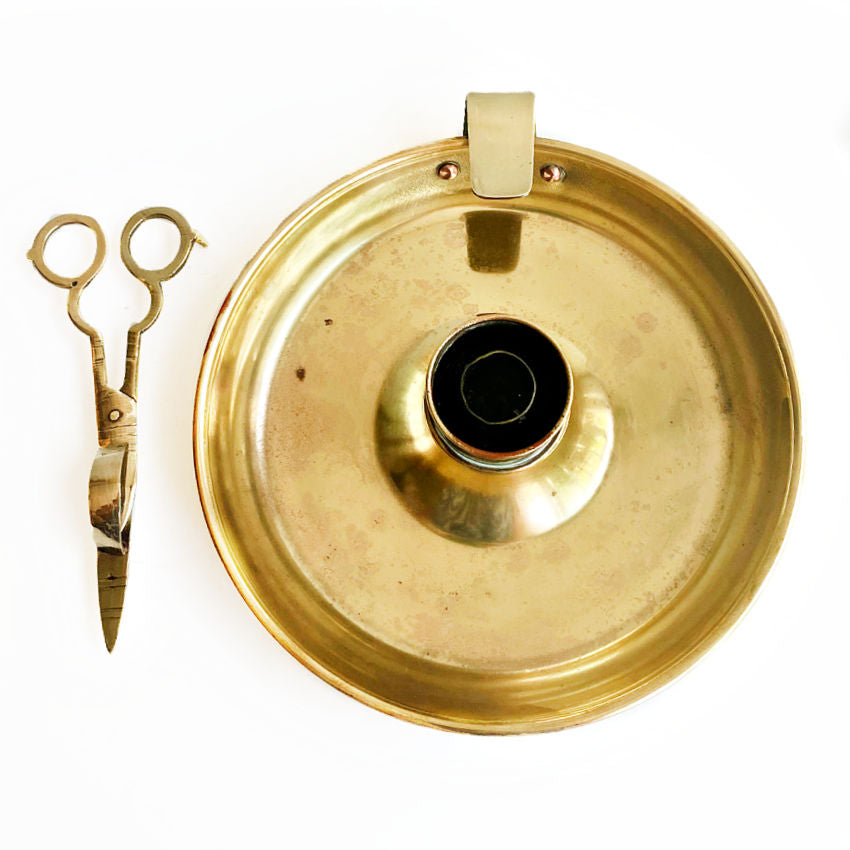 Large French Country brass and copper chamber candle holder and matching wick trimmer