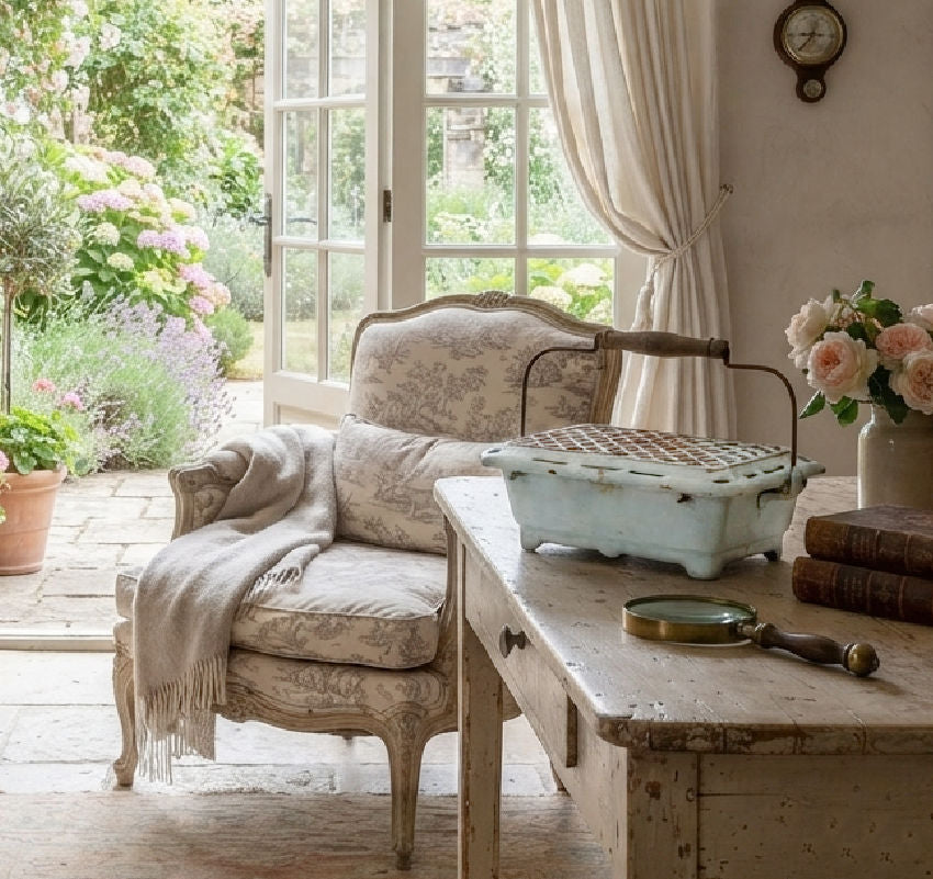 A French Country Toile upholstered armchair in a softly lit room beside a distressed wooden table holding a pale robin's egg blue metal foot warmer, books, and a magnifying glass. The chair has a floral patterned fabric and a draped throw blanket, with large windows, curtains, and a garden visible in the background.