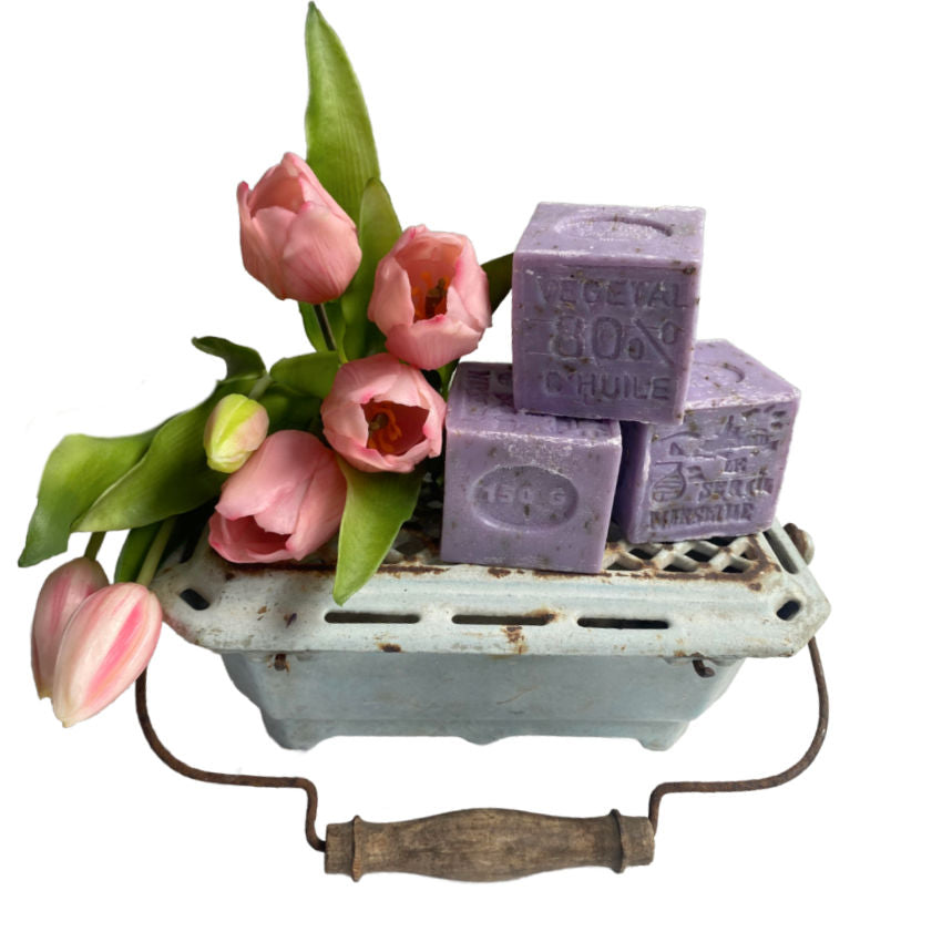 A rare 19th-century French enamelware warmer in faded robin’s egg blue. Cast iron, romantic and functional, perfect as a display for antique French soaps.