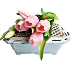 19th-century French enamelware warmer in faded robin’s egg blue. Cast iron, romantic and functional, decorative accent with pink tulips