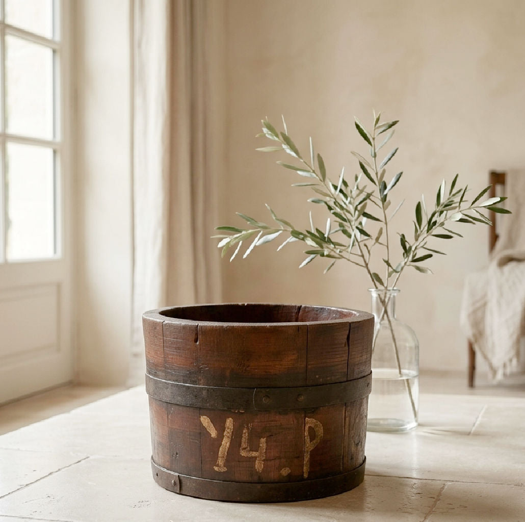 Antique oak bucket styled with fresh Antique oak bucket styled with fresh olive branches on the floor of a bright French country kitchen