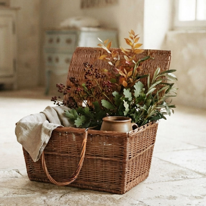 French brocante market basket rustic patina with fall branches with leaves and berries in a french country home