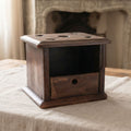 Antique French Country Wood Chaufferette Foot Warmer on linen table cloth in french country kitchen