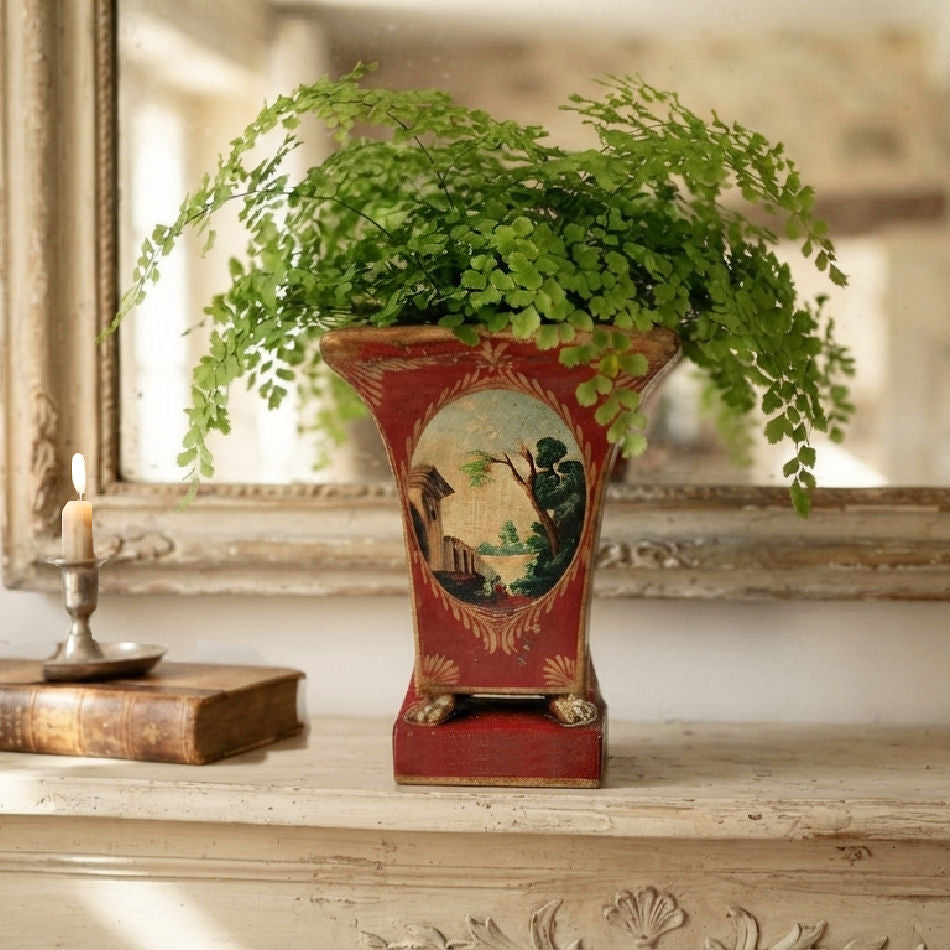 Antique French Directoire Tôle Peinte Cache Pot with Pastoral Medallions